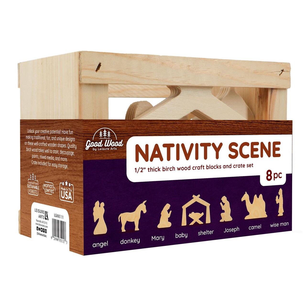 Good Wood by Leisure Arts: Nativity Scene Crate Set - 8 Piece Animal Wood Cutouts - Small Wooden Shapes for Crafts - Wooden Craft Shapes - wooden animals to paint